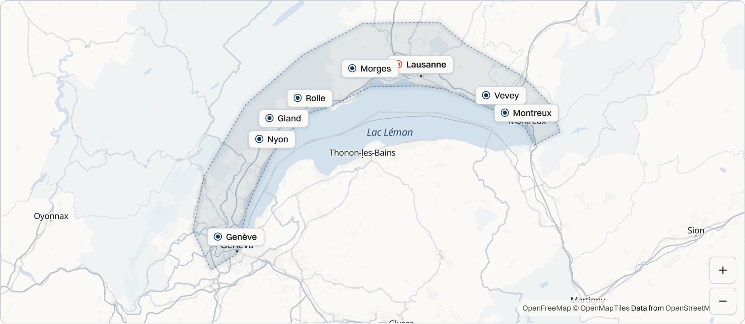 Map of the Lake Geneva arc, from Geneva to Montreux
